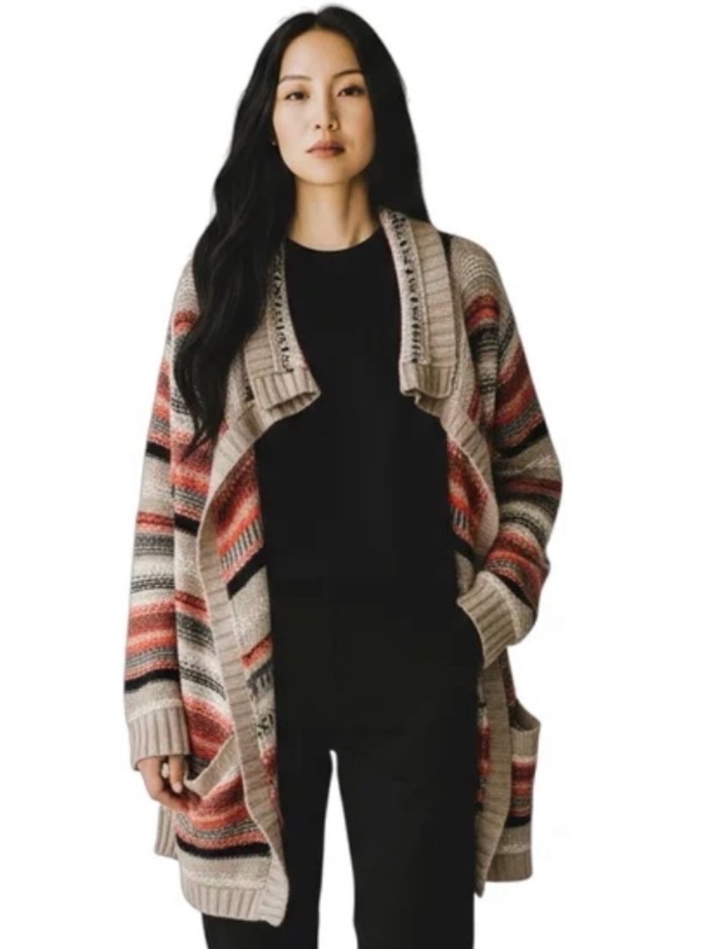 Greylin Striped Earth Tone Open Front Waterfall Knit Cardigan size Medium